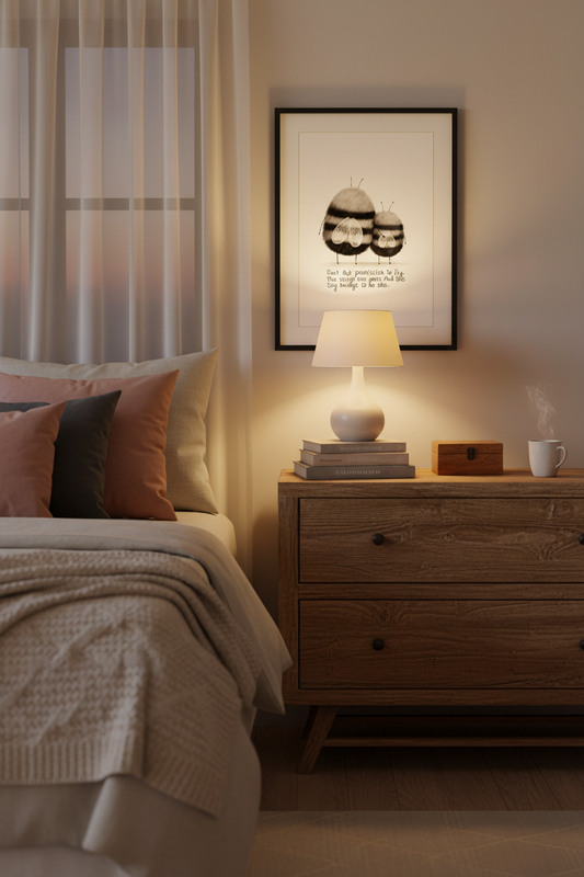 Fly artwork in cozy bedroom
