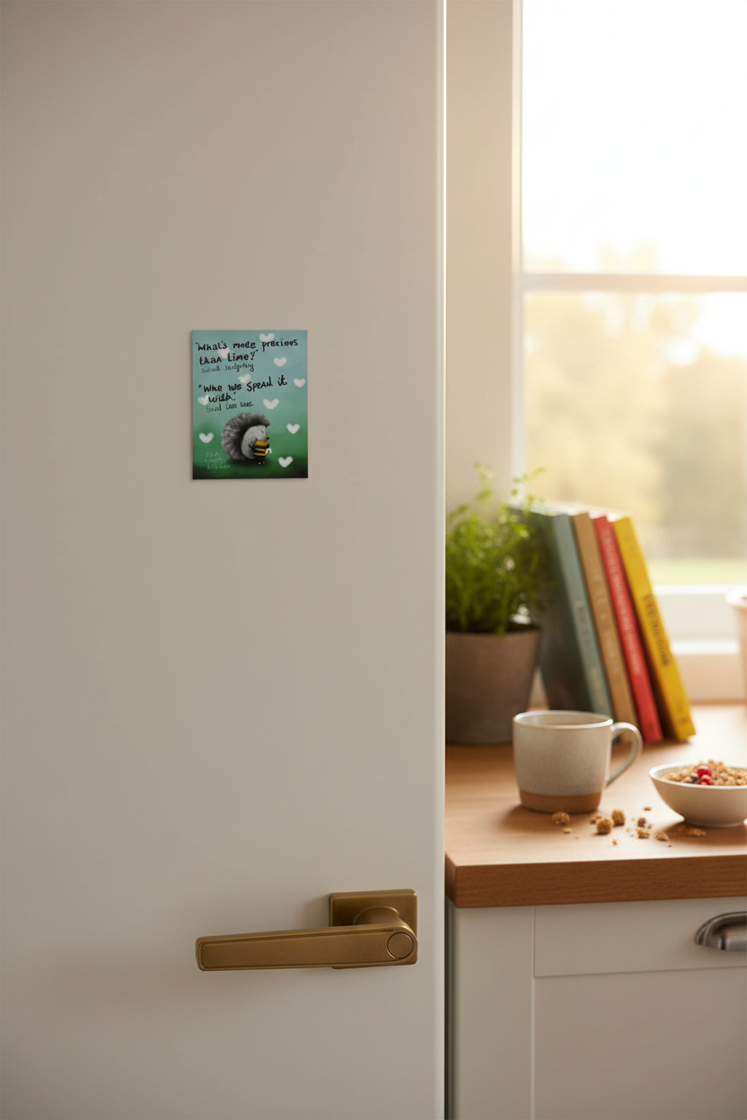 Lifestyle kitchen scene with fridge magnet