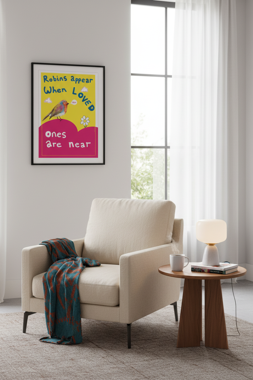 Robin print in reading nook