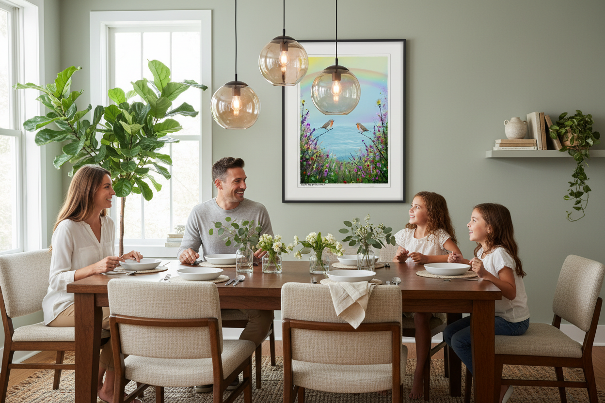 Warm dining room with artwork