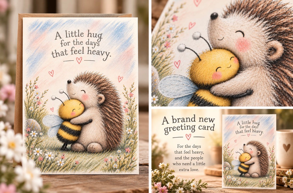 A Little Hug greeting card featuring a bee and hedgehog hugging, surrounded by flowers, with the message “A little hug for the days that feel heavy.”