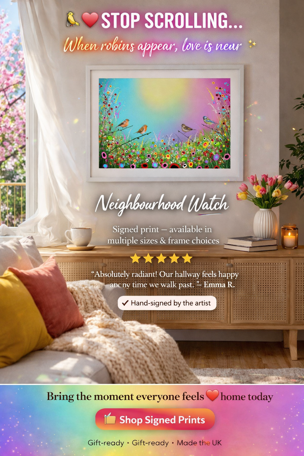 Colourful bird print featuring British garden birds in vibrant floral meadow