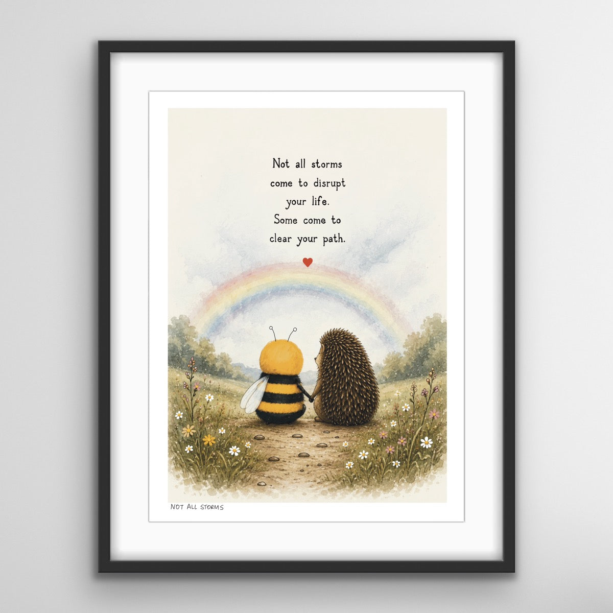 Not All Storms fine art print featuring the Bee and Hedgehog walking beneath a rainbow