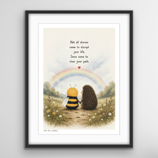 Not All Storms fine art print featuring the Bee and Hedgehog walking beneath a rainbow