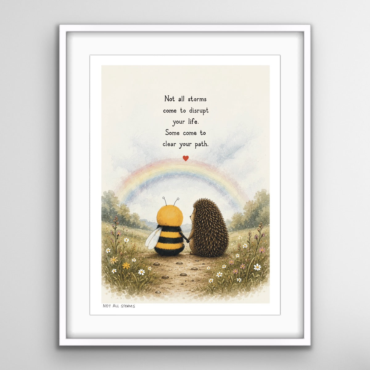 Not All Storms fine art print featuring the Bee and Hedgehog walking beneath a rainbow