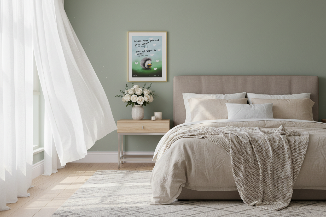 Bedroom scene with memorial art