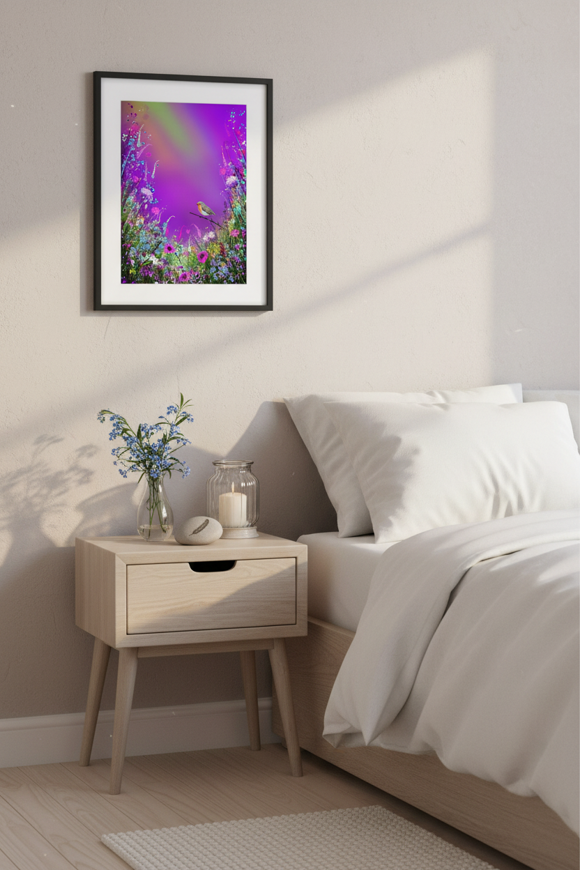 Bedroom with Forget me not print
