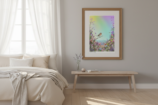 Bedroom with oak framed print