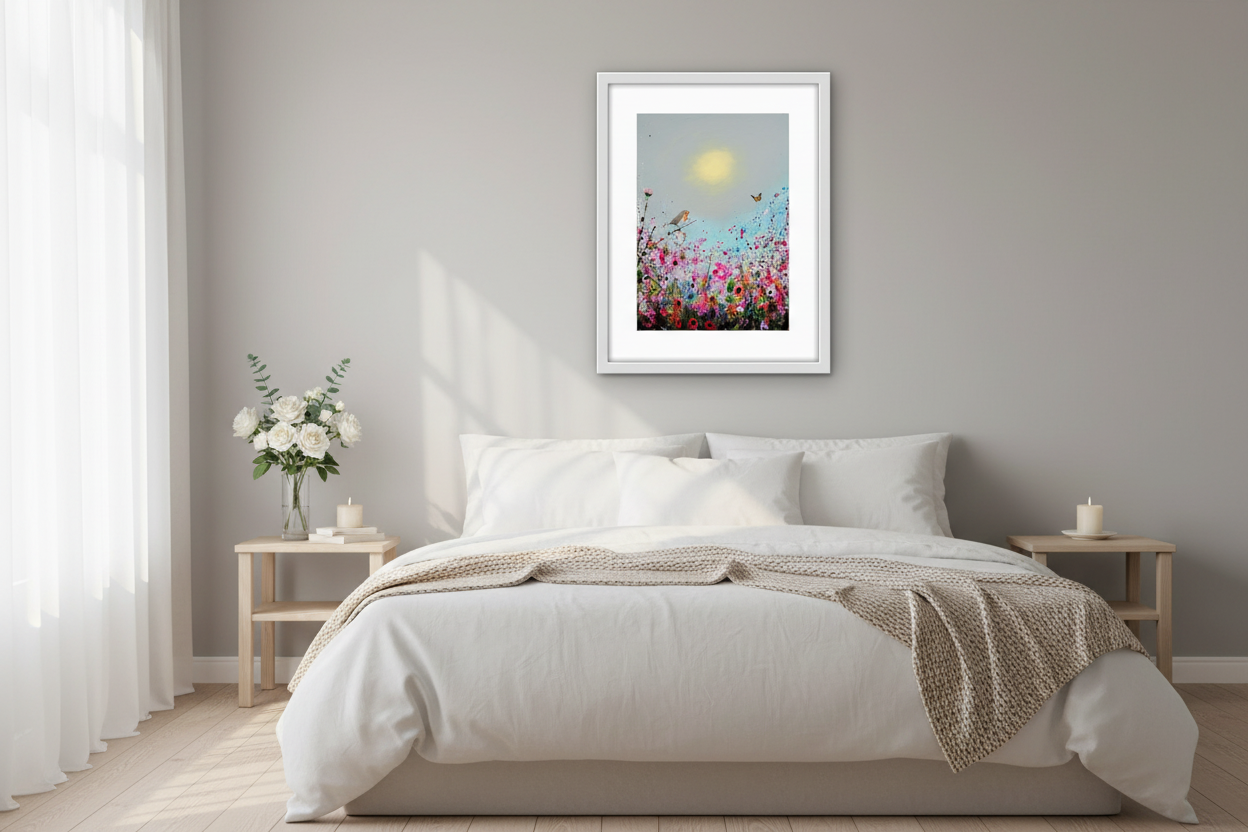 Bedroom with robin memorial print