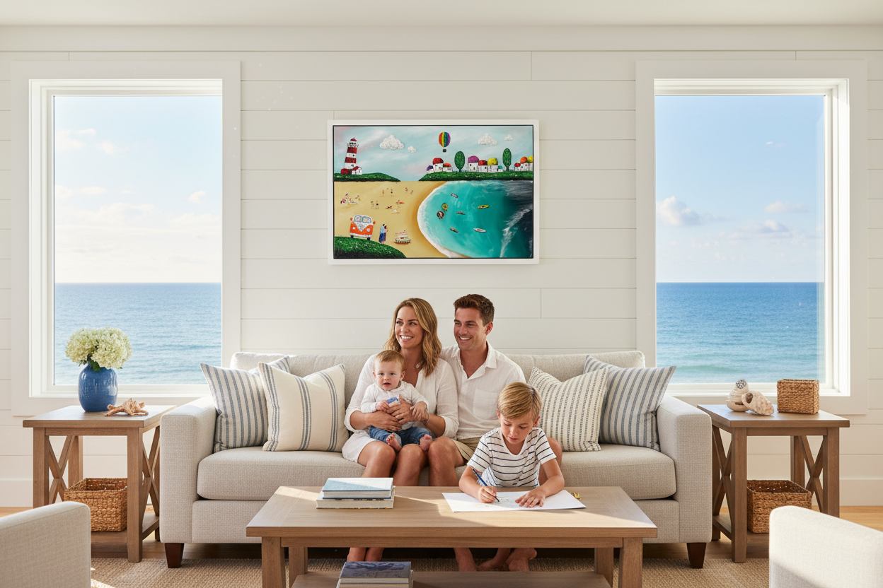 Family beach house scene