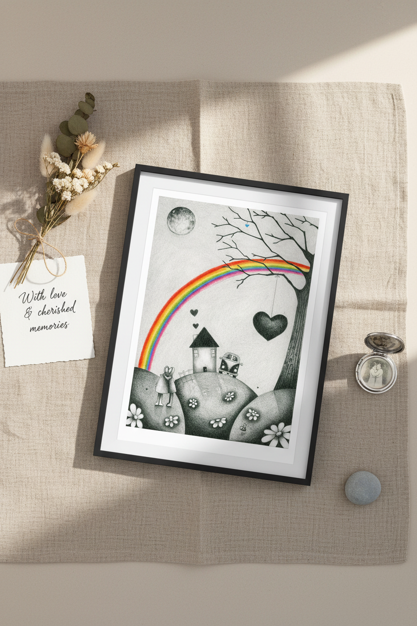 Flat-lay composition with memorial print