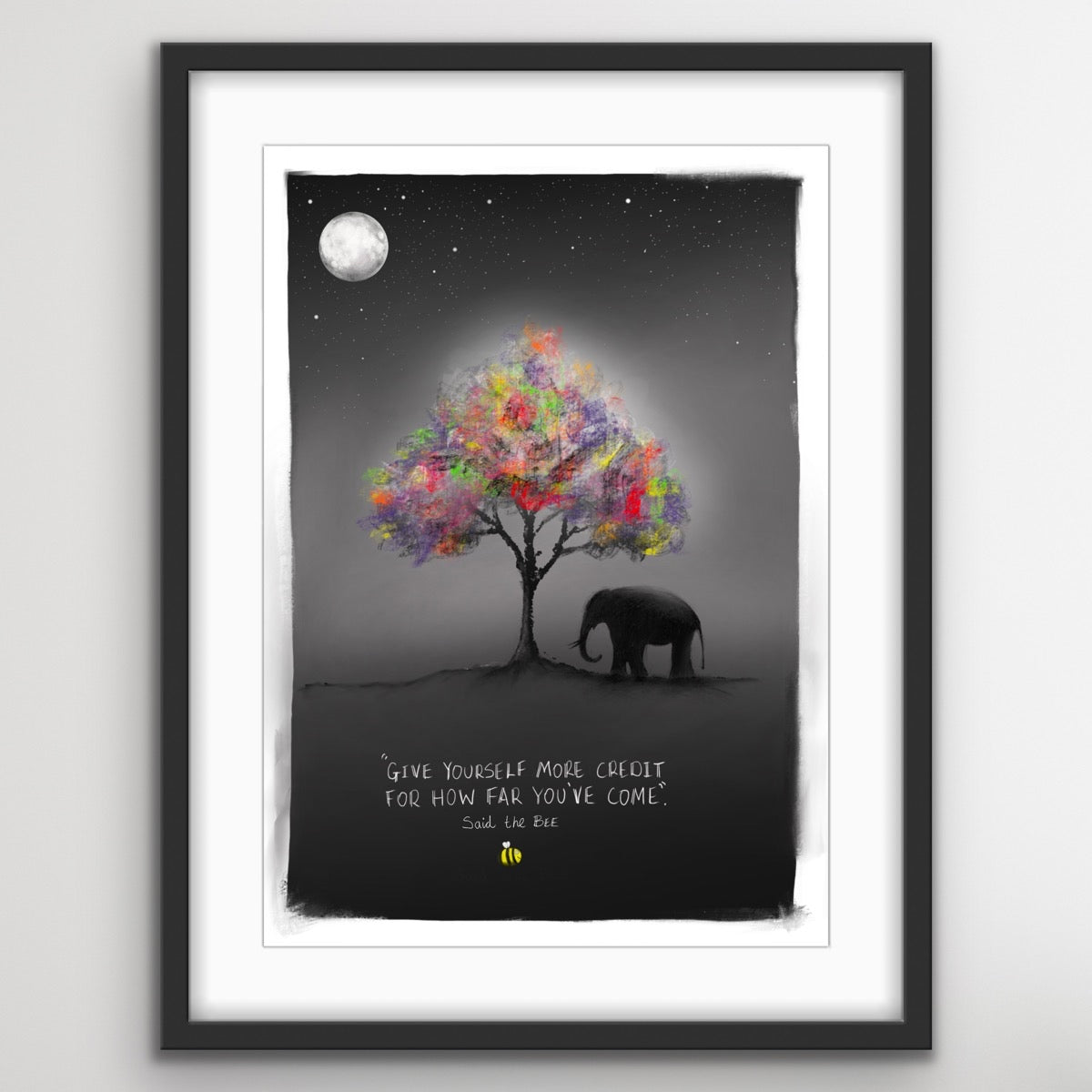 An elephant standing under a colourful tree at night with a motivational quote about giving yourself more credit and recognising personal growth