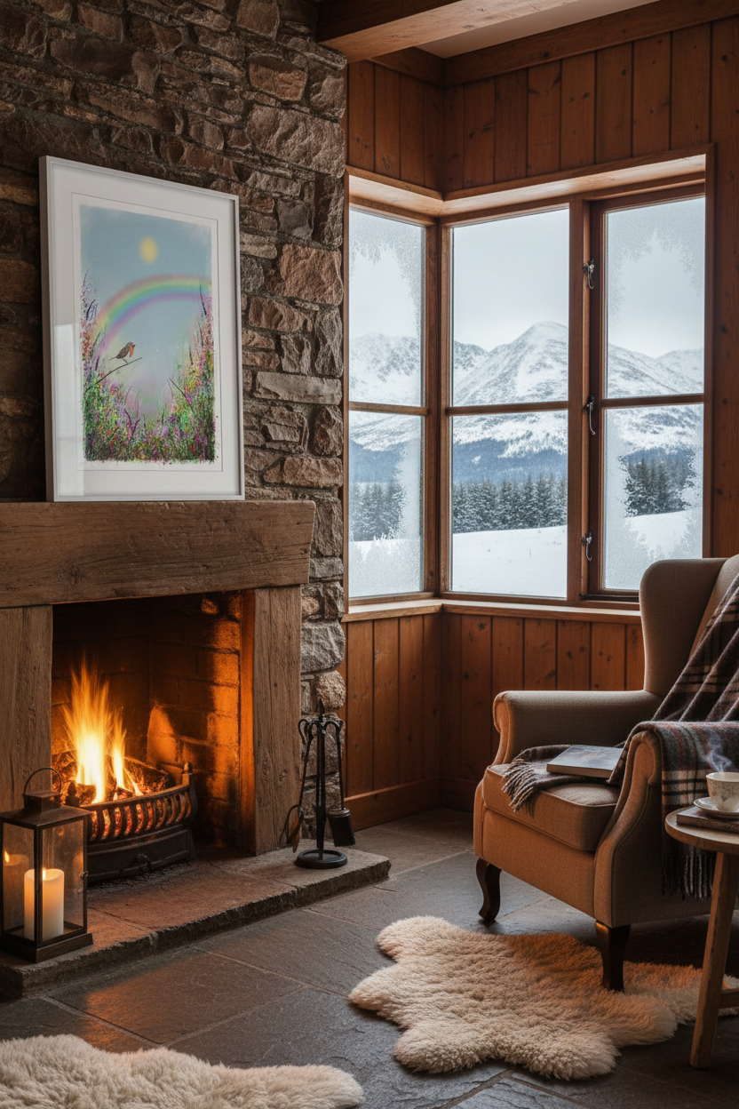 Highland Winter Cottage with Robin Print