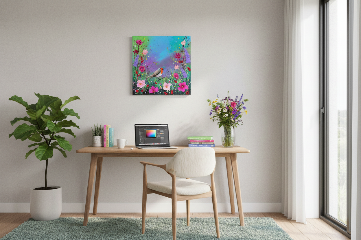Home office with robin artwork