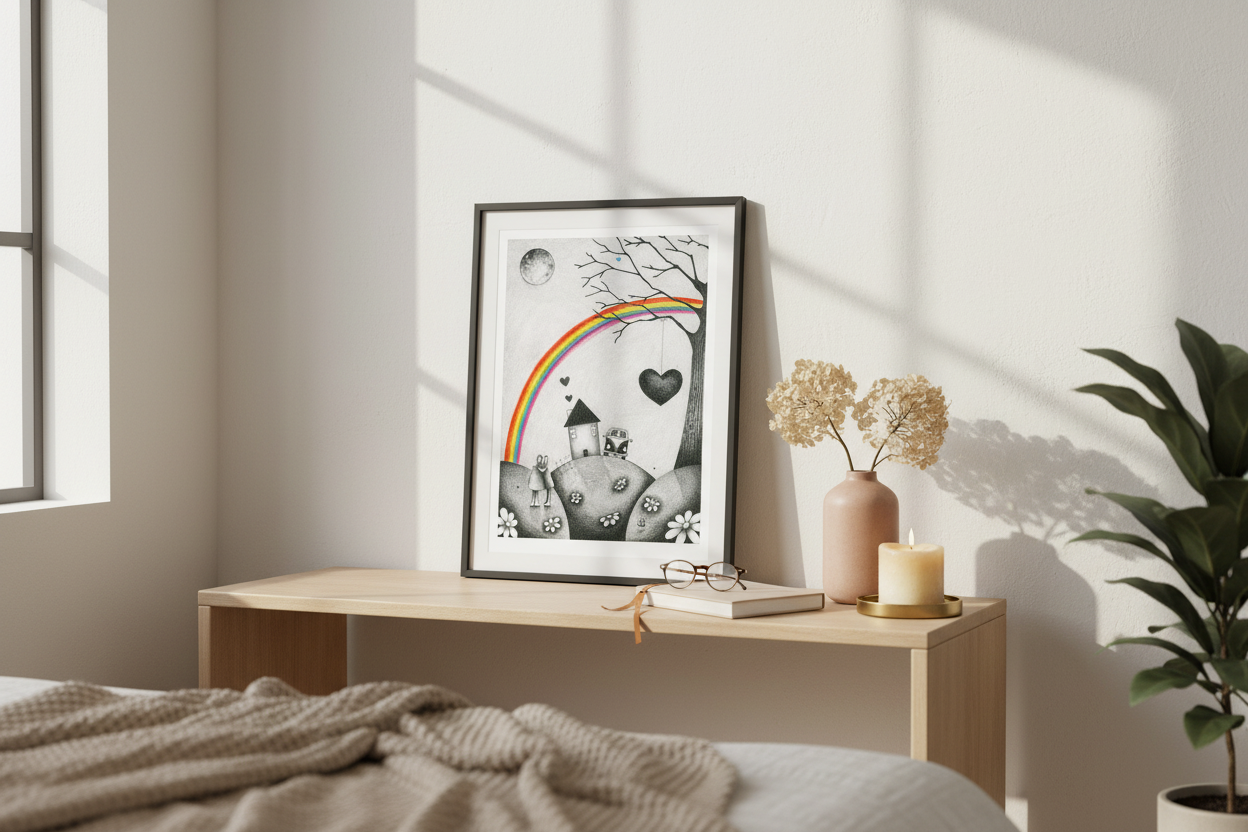 Lifestyle scene with memorial print in home setting
