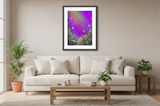 Living room with Forget me not print