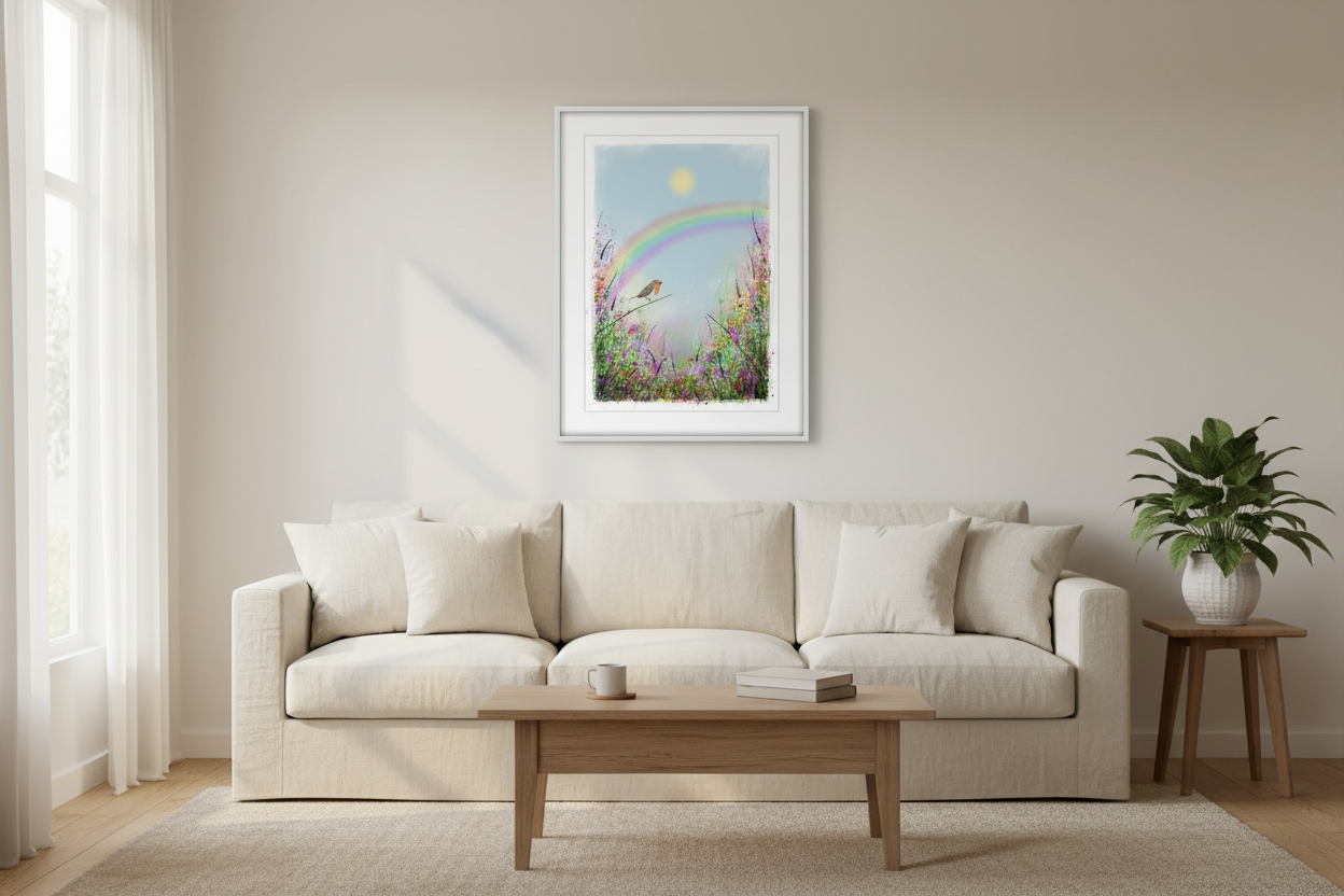 Living room with robin art