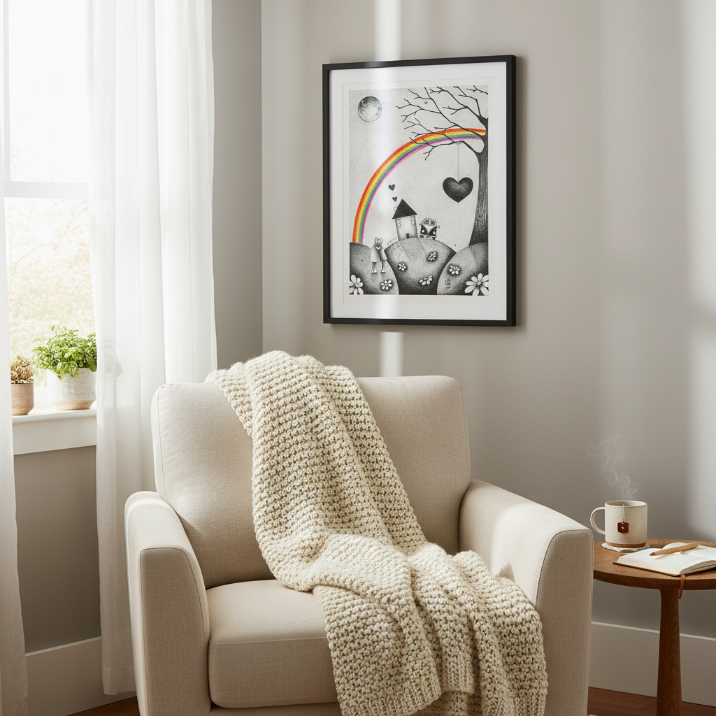 Memorial print in peaceful reading nook