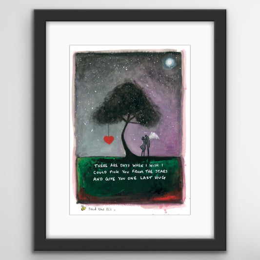 A silhouetted couple under a tree at night with a heart hanging from a branch, stars in the sky, and a handwritten message about missing someone and wanting one last hug