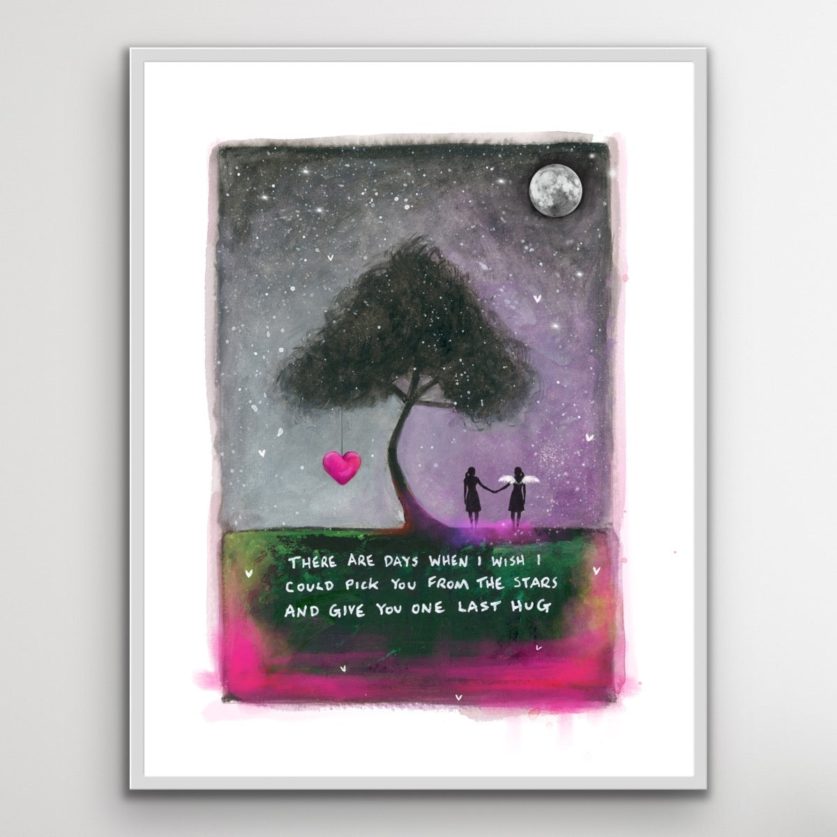 A silhouetted couple under a tree at night with a heart hanging from a branch, stars in the sky, and a handwritten message about missing someone and wanting one last hug
