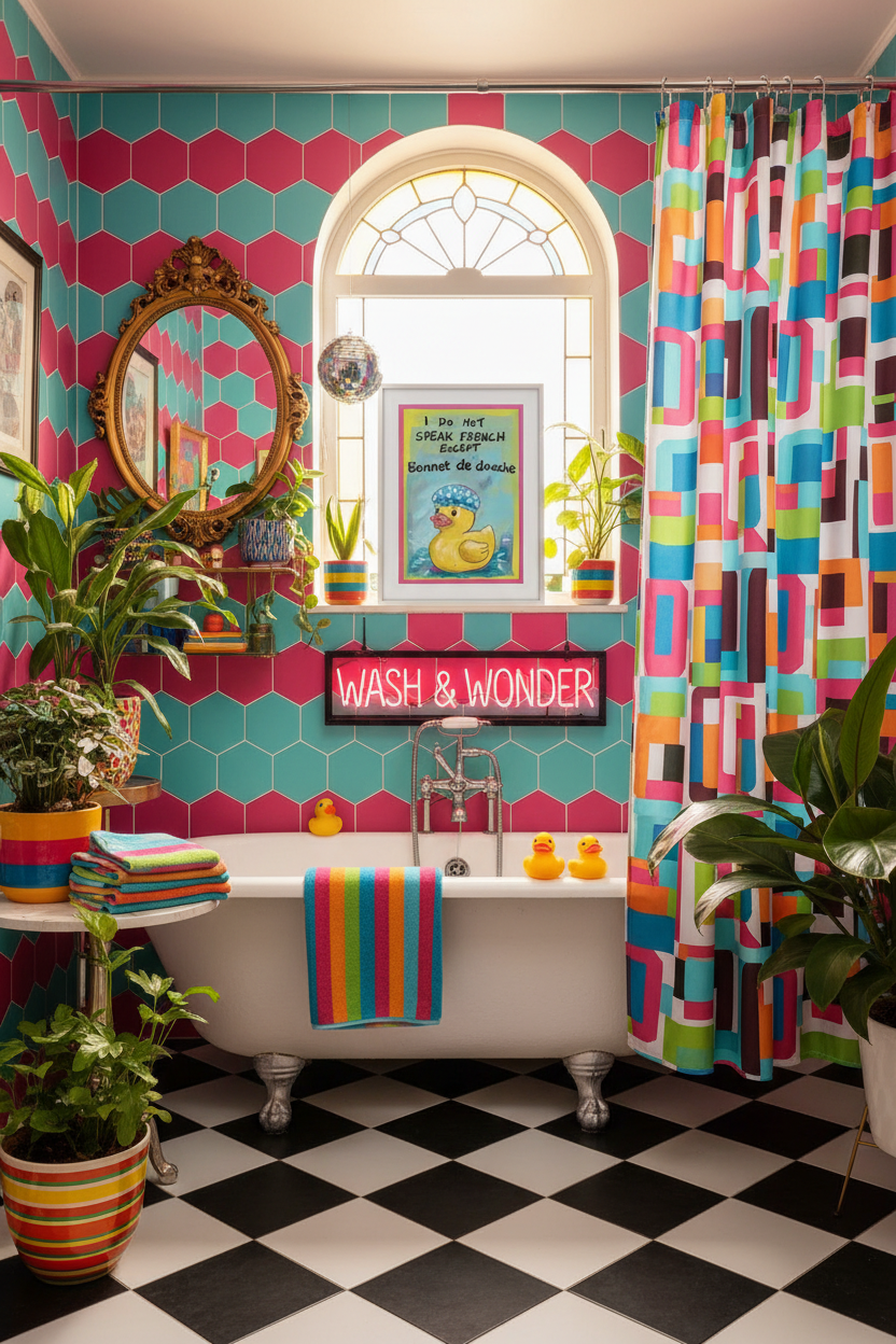 Retro bathroom with pink tiles