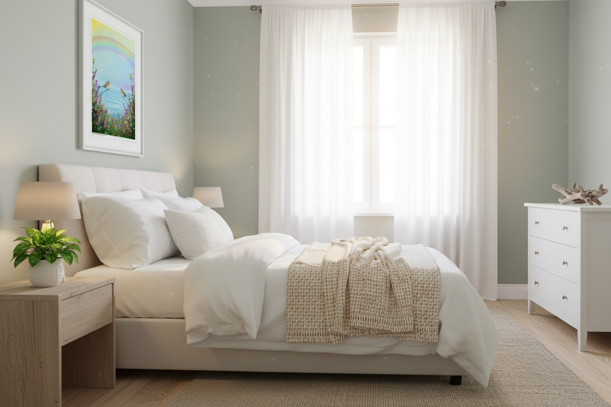 Serene bedroom with artwork