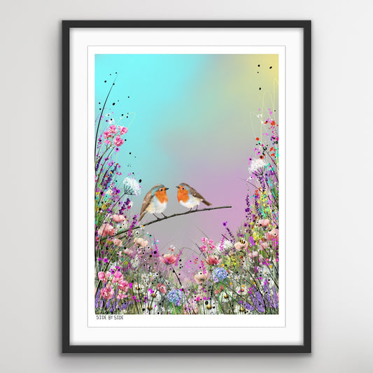 Two robin birds perched together colourful floral meadow romantic wall art