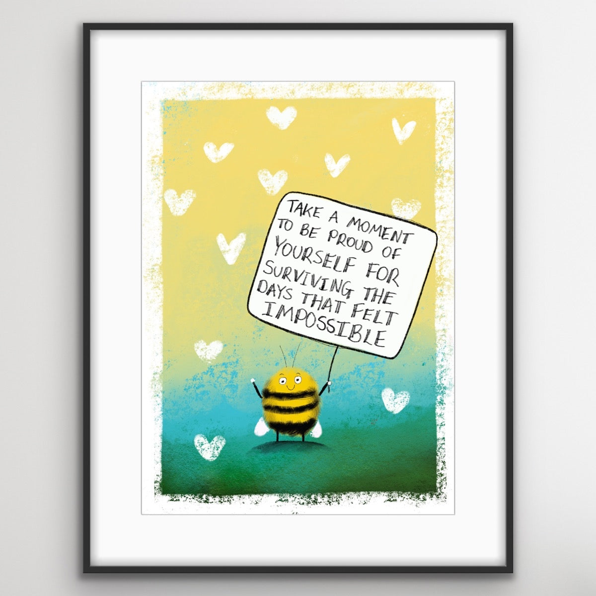 A cute bee holding a sign with an encouraging message about surviving difficult days, surrounded by soft colours and hearts
