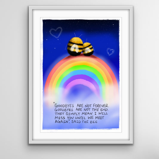 Two bees sitting together on a rainbow under a starry sky with a heartfelt quote about goodbyes and meeting again, symbolising love and remembrance